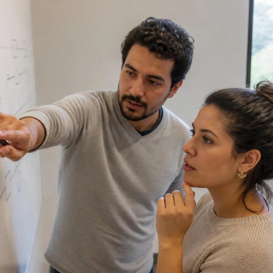 Duas participantes de pé junto ao quadro branco, desenhando as partes de um argumento