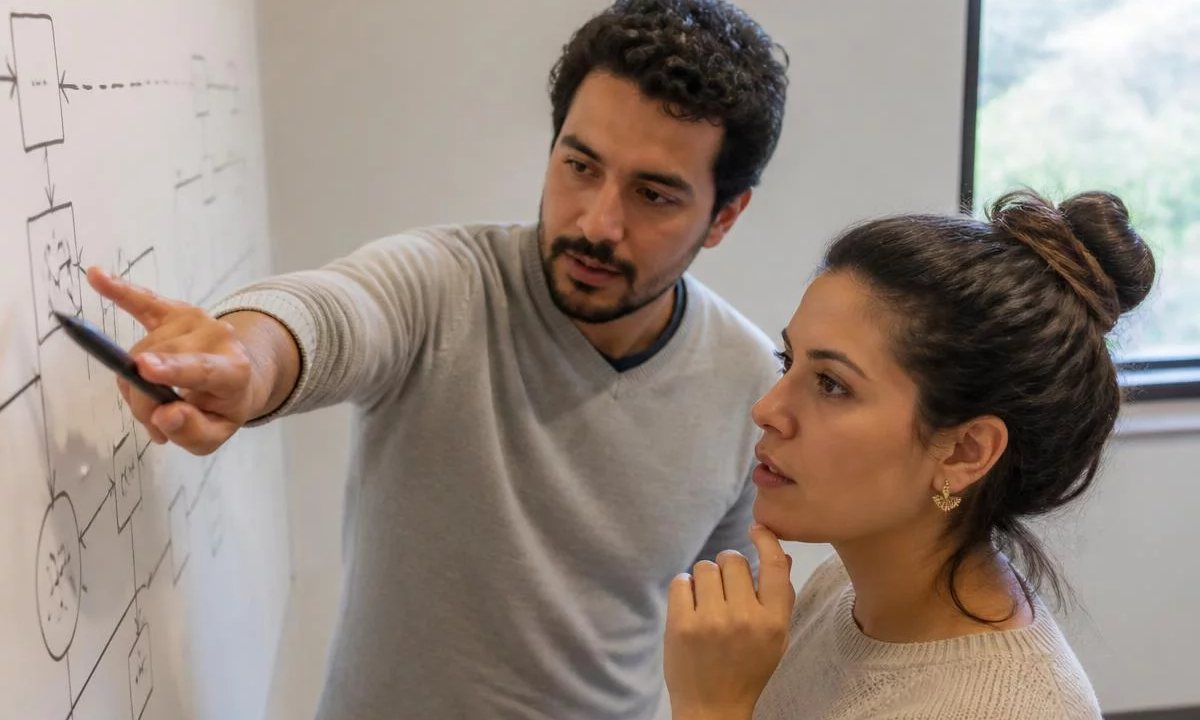 Grupo em sala clara acompanhando a explicação de uma participante que fala de pé