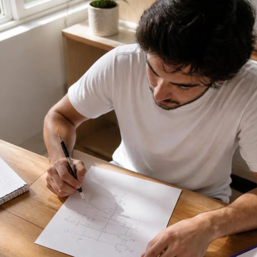 Duas pessoas relendo num tablet as notas da rodada anterior, apoiadas na mesa de madeira